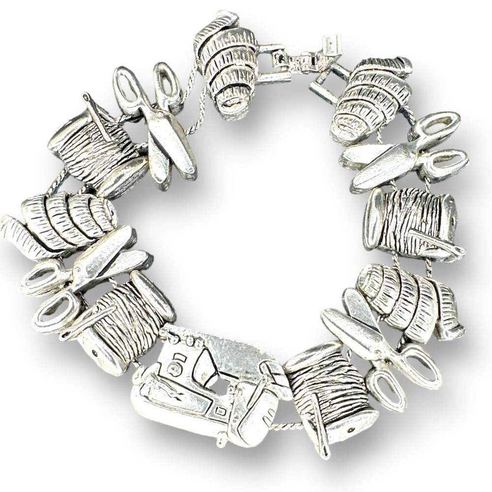Sewing Machine Charms Bracelet 7.5” Slider Scissors Yarn Silver Plated